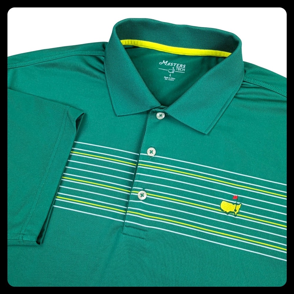 Masters Tech Polo Shirt Men Large Green Striped Performance Stretch Golf Map